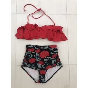 Cocoship Swim Ruffled High Waist Floral Bikini Set Swimsuit